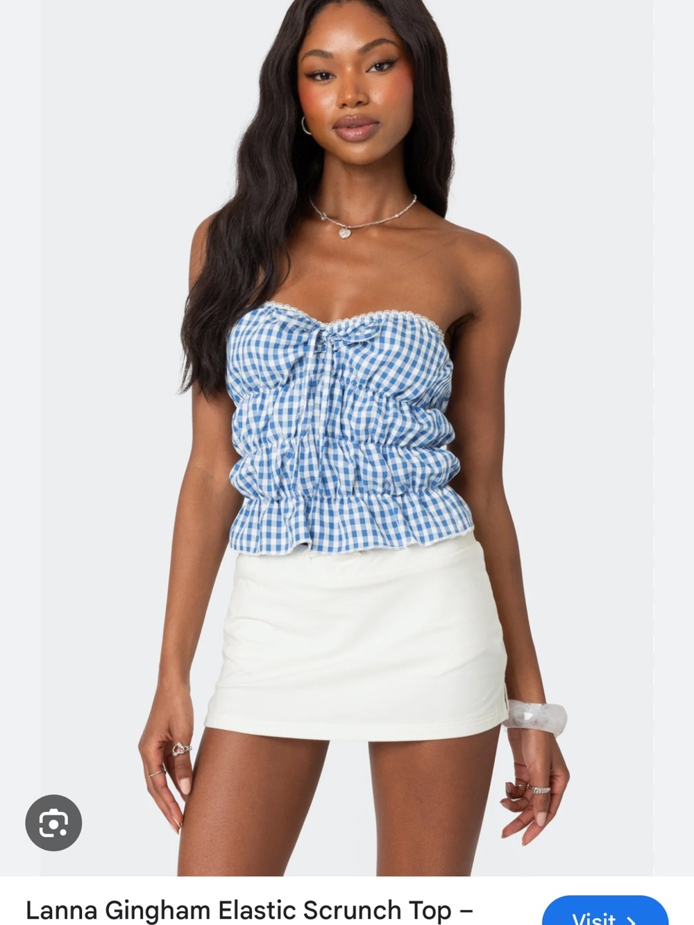 Edikted Blue & White Gingham Strapless Top